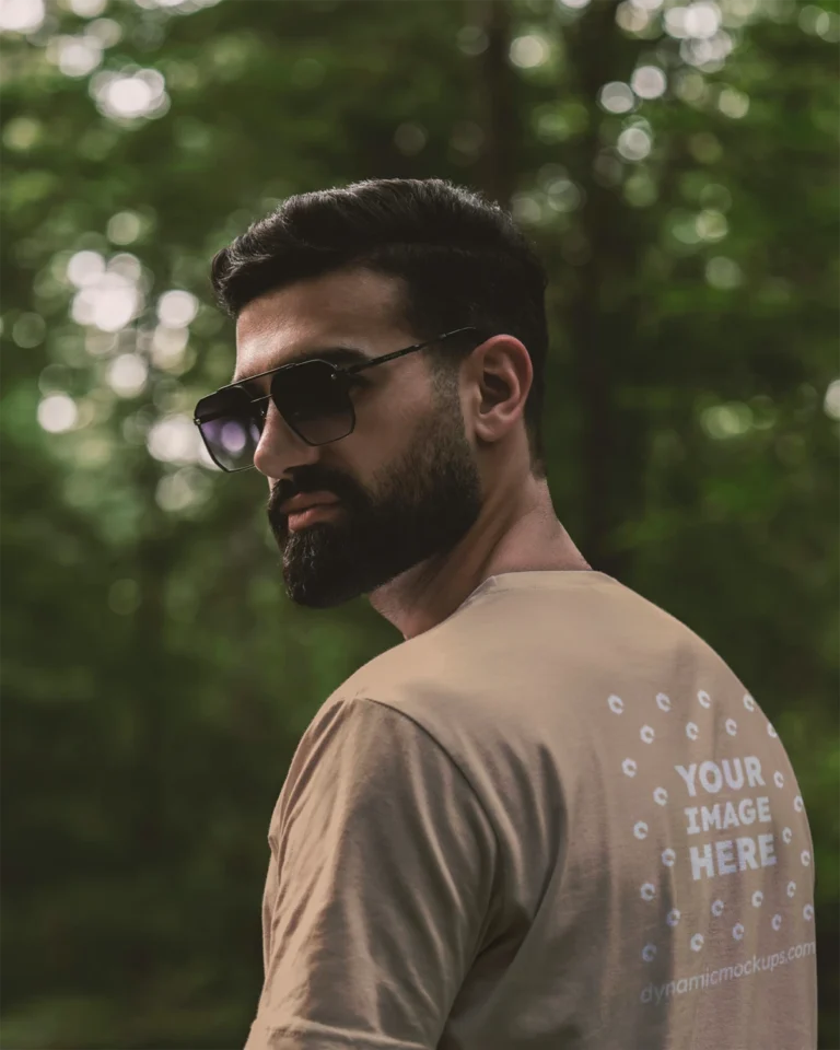 Man Wearing Beige T-shirt Mockup Back View Template