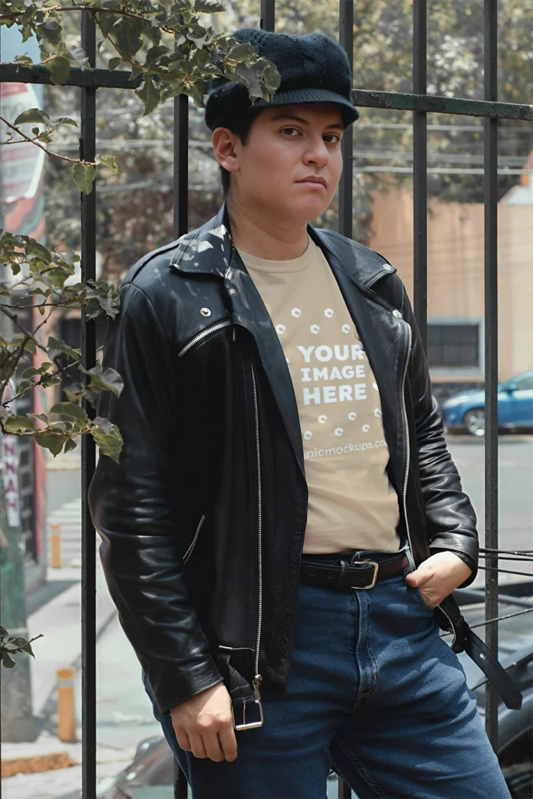 Man Wearing Beige T-shirt Mockup Front View Template