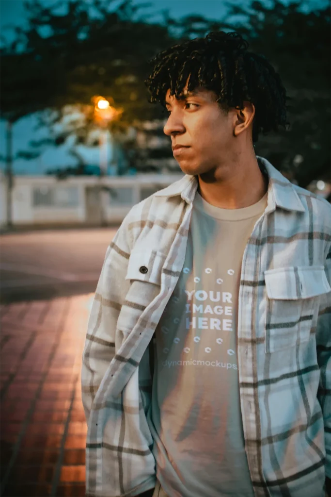 Man Wearing Beige T-shirt Mockup Front View Template