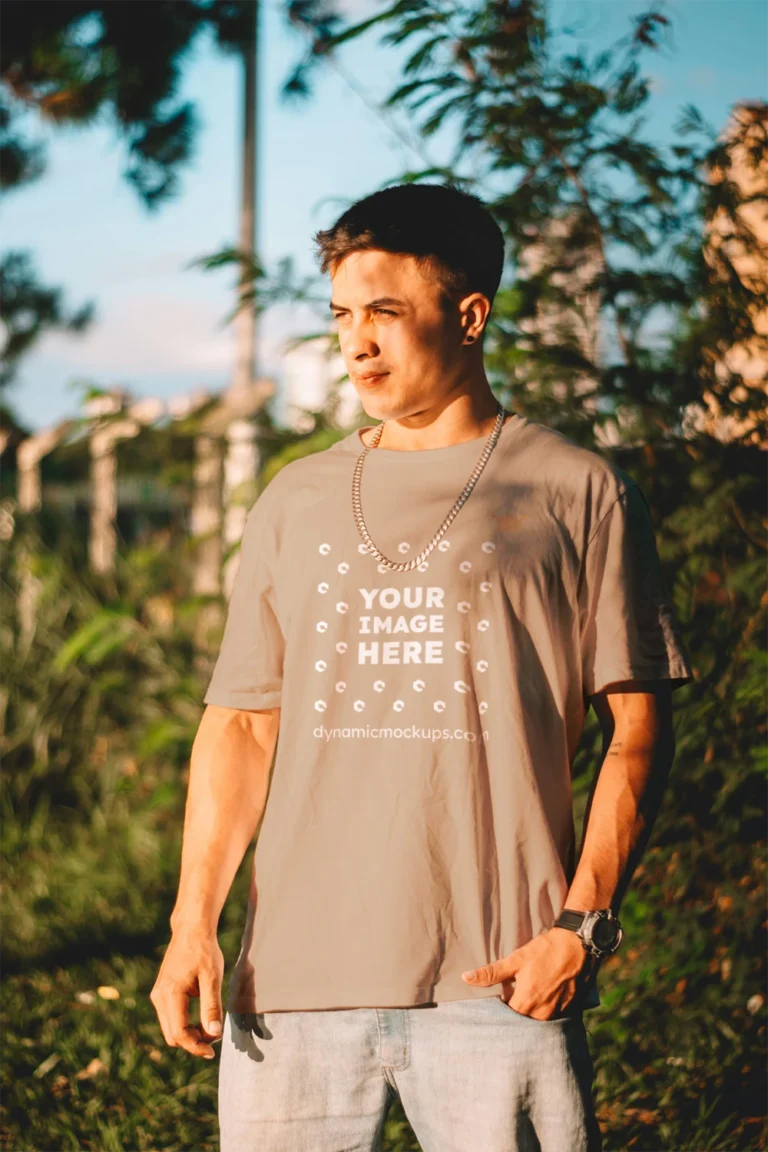Man Wearing Beige T-shirt Mockup Front View Template
