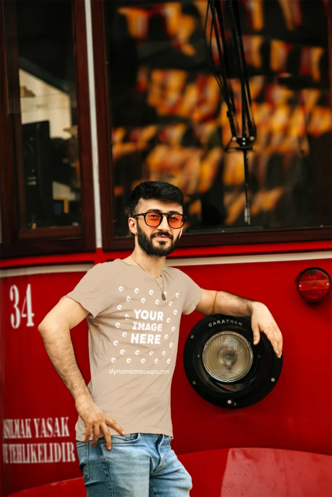 Man Wearing Beige T-shirt Mockup Front View Template