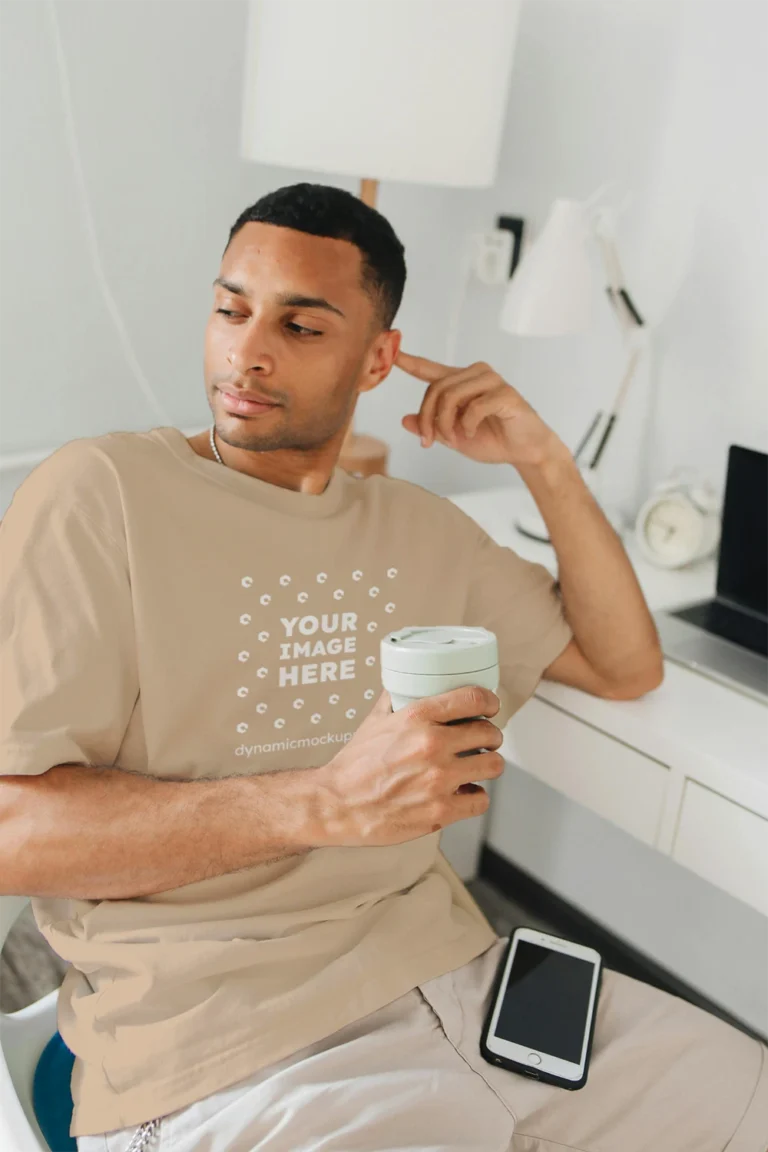 Man Wearing Beige T-shirt Mockup Front View Template