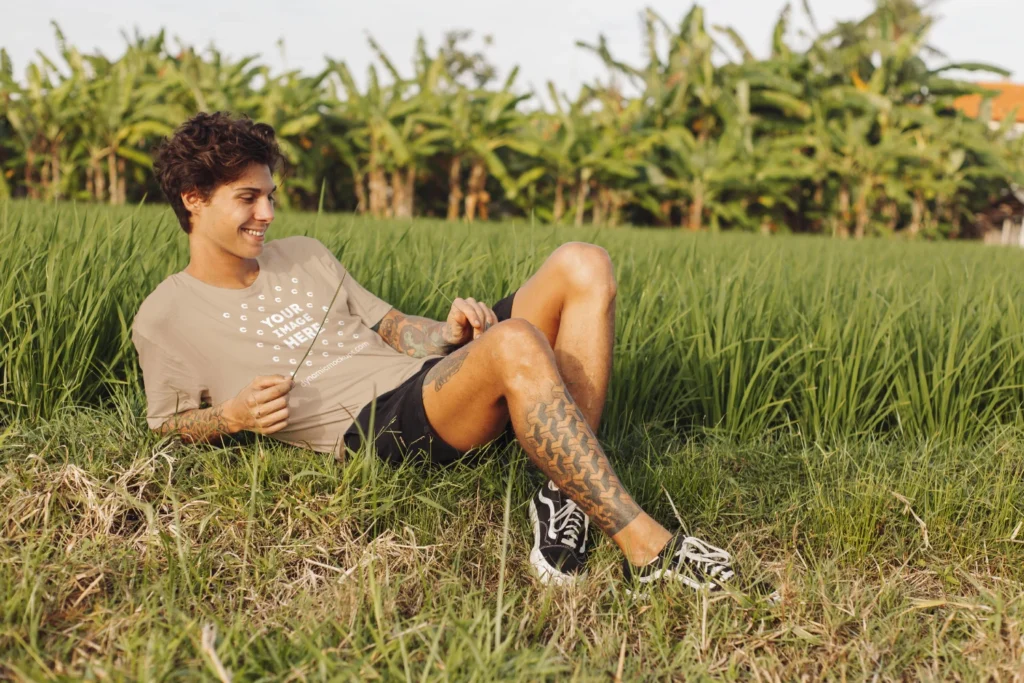 Man Wearing Beige T-shirt Mockup Front View Template