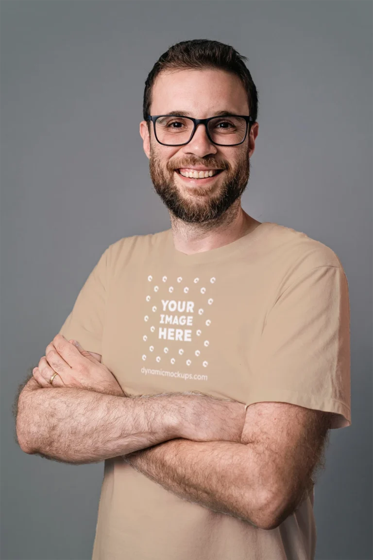 Man Wearing Beige T-shirt Mockup Front View Template