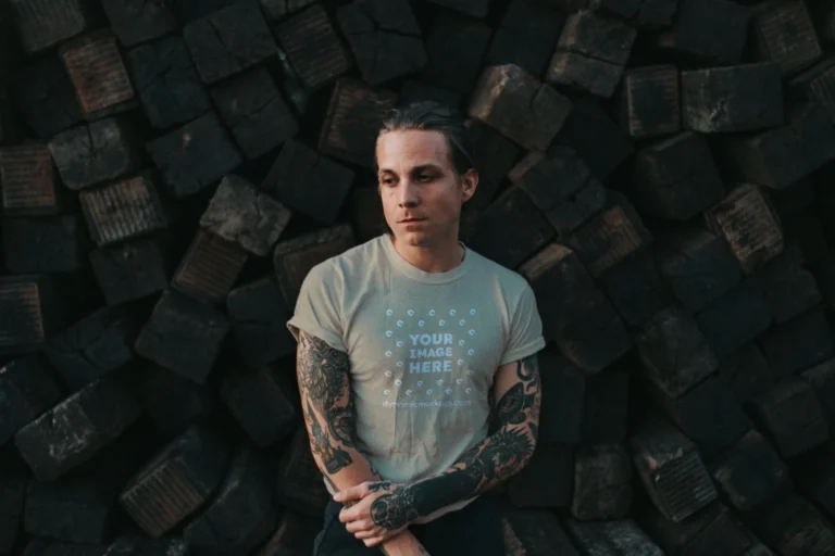 Man Wearing Beige T-shirt Mockup Front View Template
