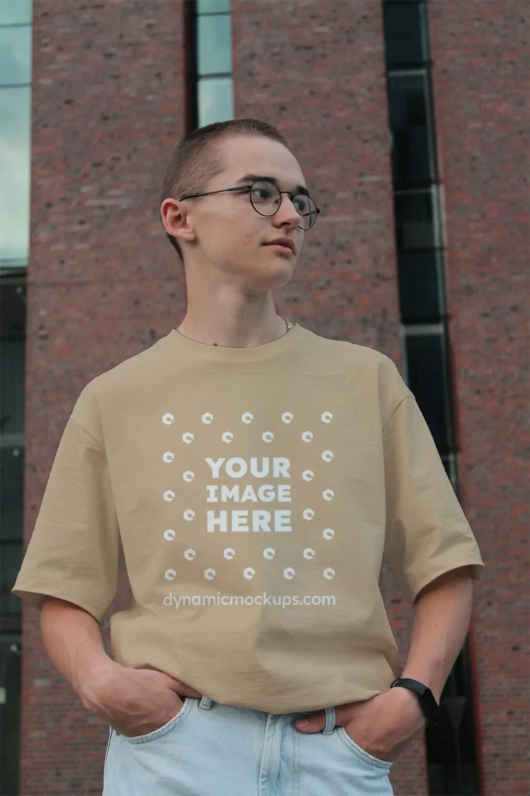 Man Wearing Beige T-shirt Mockup Front View Template