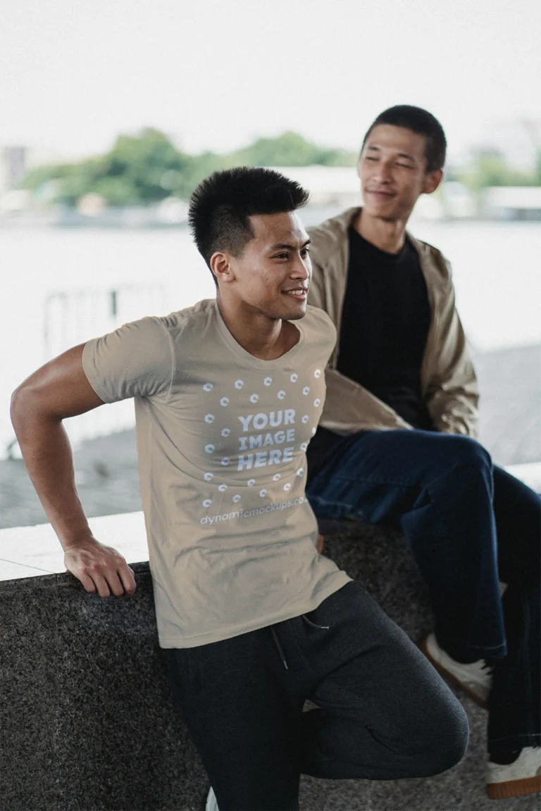 Man Wearing Beige T-shirt Mockup Front View Template