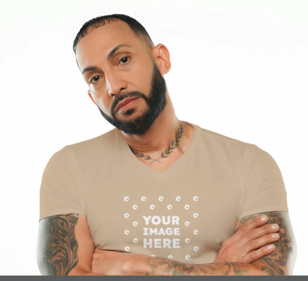 Man Wearing Beige T-shirt Mockup Front View Template