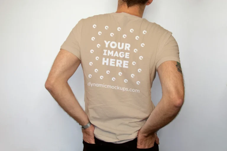 Man Wearing Beige T-shirt Mockup Back View Template