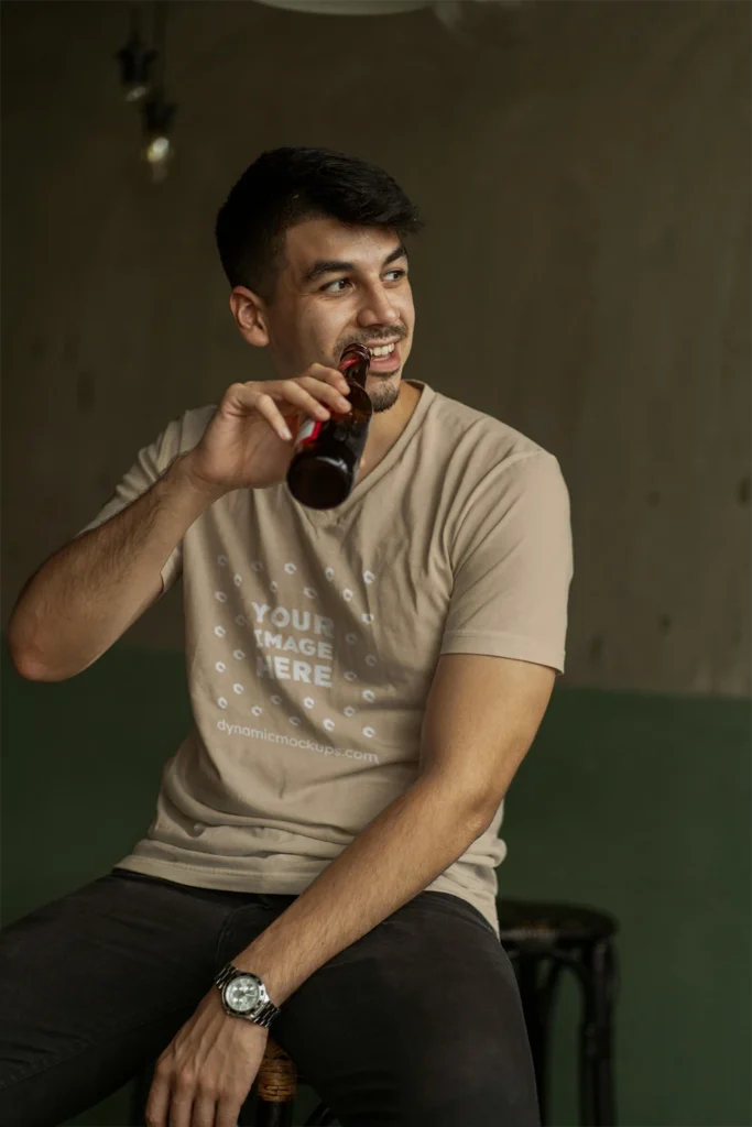 Man Wearing Beige T-shirt Mockup Front View Template