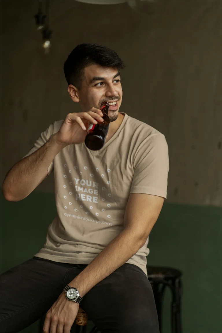 Man Wearing Beige T-shirt Mockup Front View Template