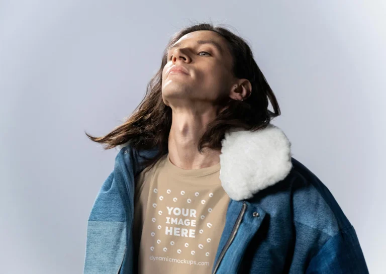 Man Wearing Beige T-shirt Mockup Front View Template