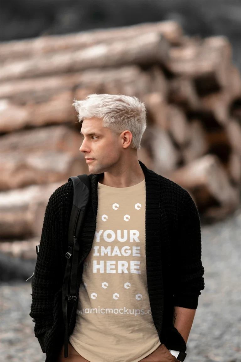 Man Wearing Beige T-shirt Mockup Front View Template