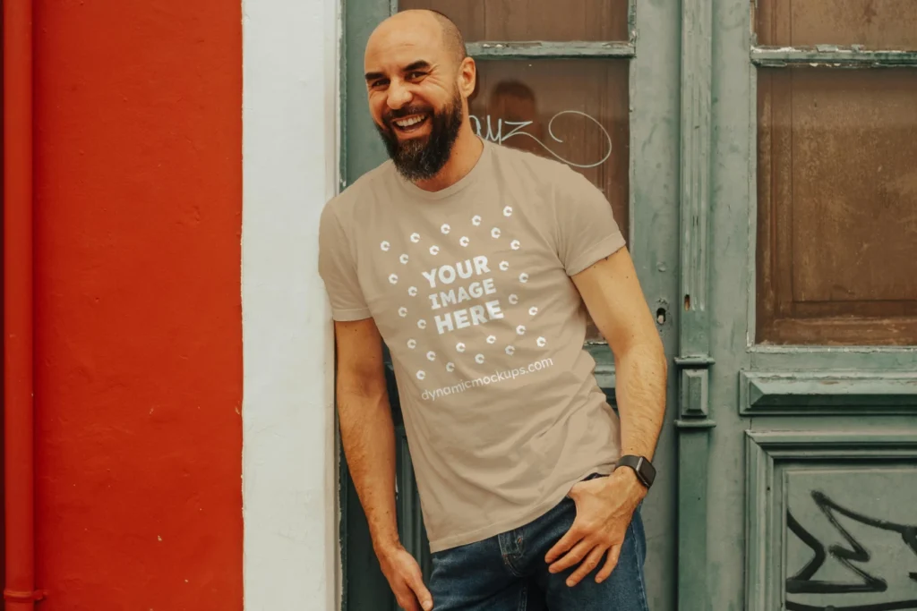 Man Wearing Beige T-shirt Mockup Front View Template