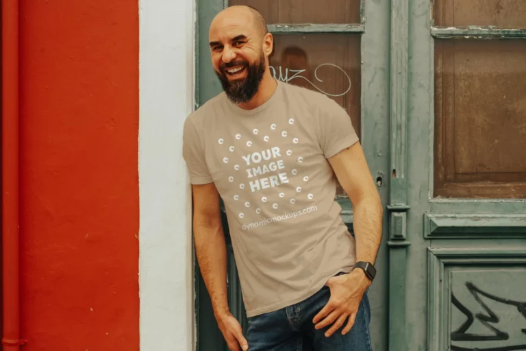 Man Wearing Beige T-shirt Mockup Front View Template