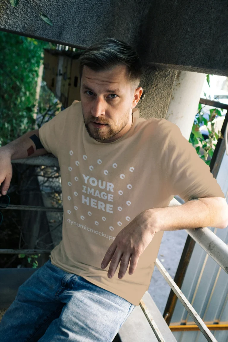 Man Wearing Beige T-shirt Mockup Front View Template