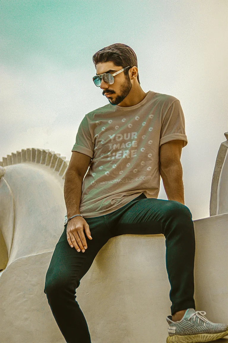 Man Wearing Beige T-shirt Mockup Front View Template