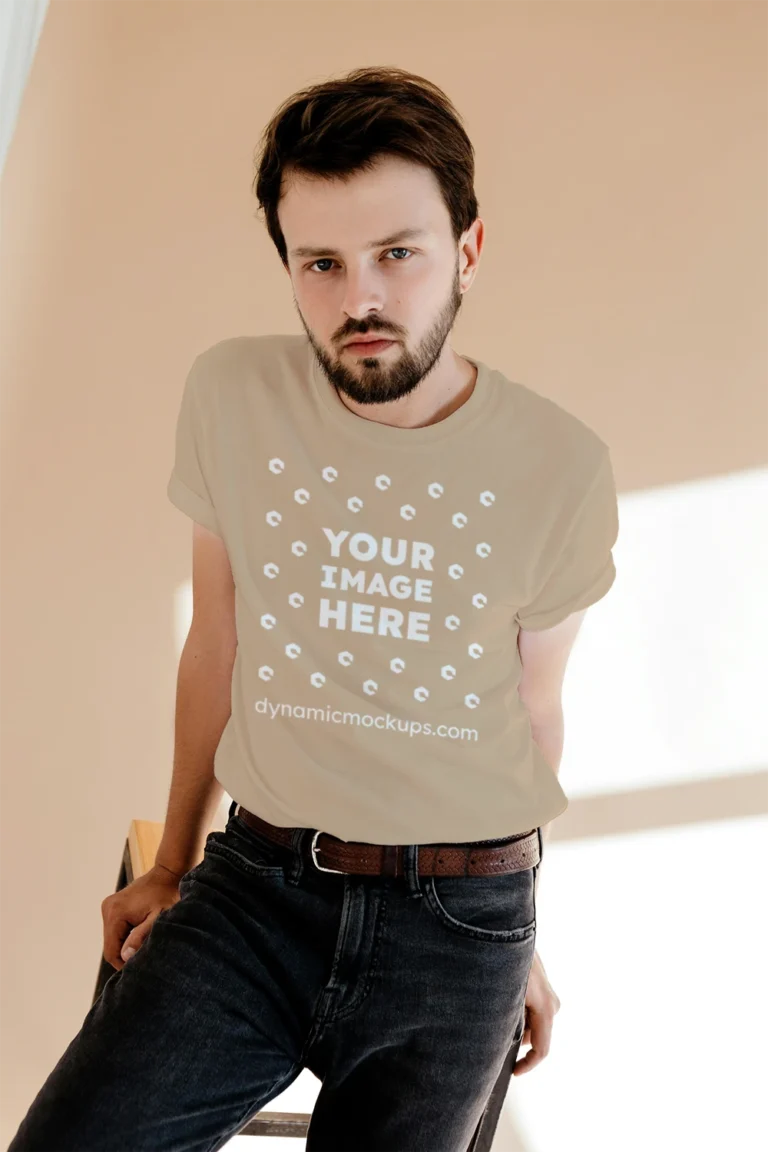 Man Wearing Beige T-shirt Mockup Front View Template