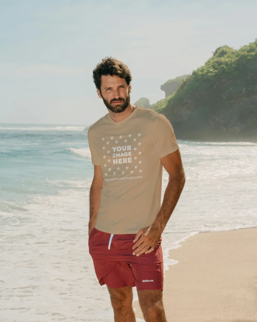 Man Wearing Beige T-shirt Mockup Front View Template