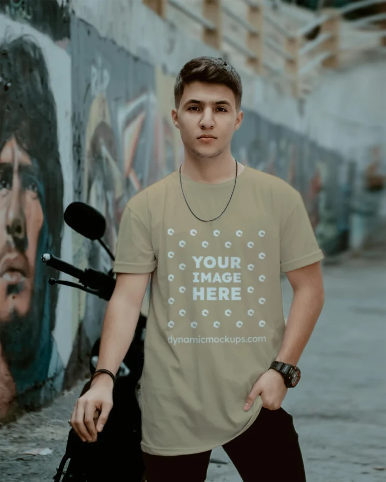 Man Wearing Beige T-shirt Mockup Front View Template