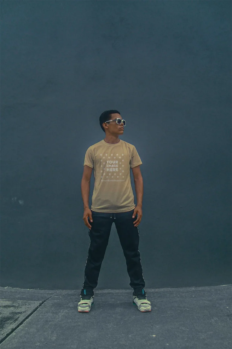Man Wearing Beige T-shirt Mockup Front View Template