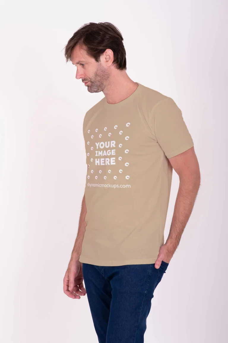 Man Wearing Beige T-shirt Mockup Front View Template