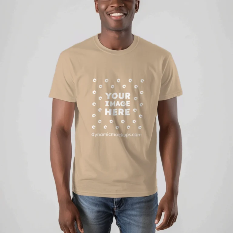 Man Wearing Beige T-shirt Mockup Front View Template
