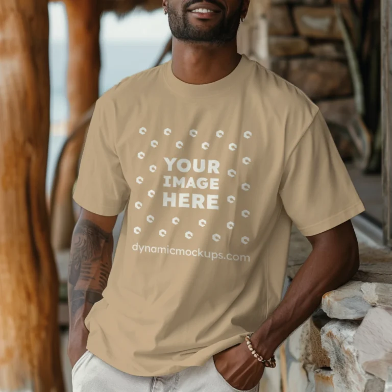 Man Wearing Beige T-shirt Mockup Front View Template