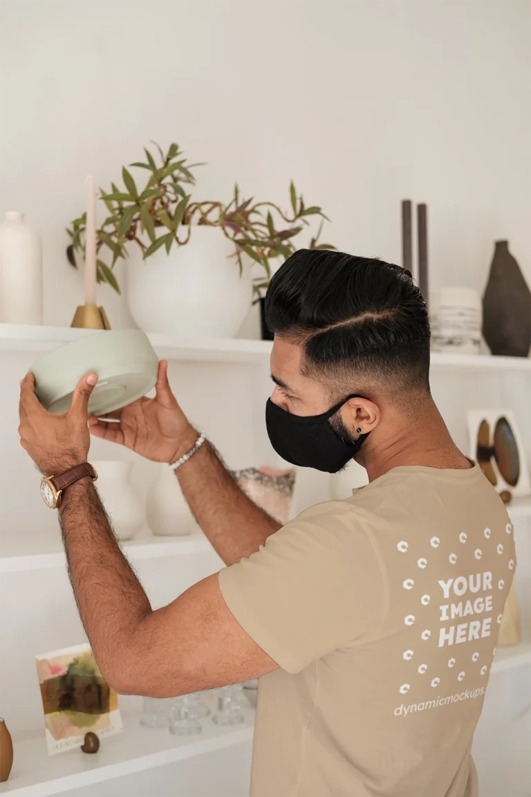 Man Wearing Beige T-shirt Mockup Back View Template