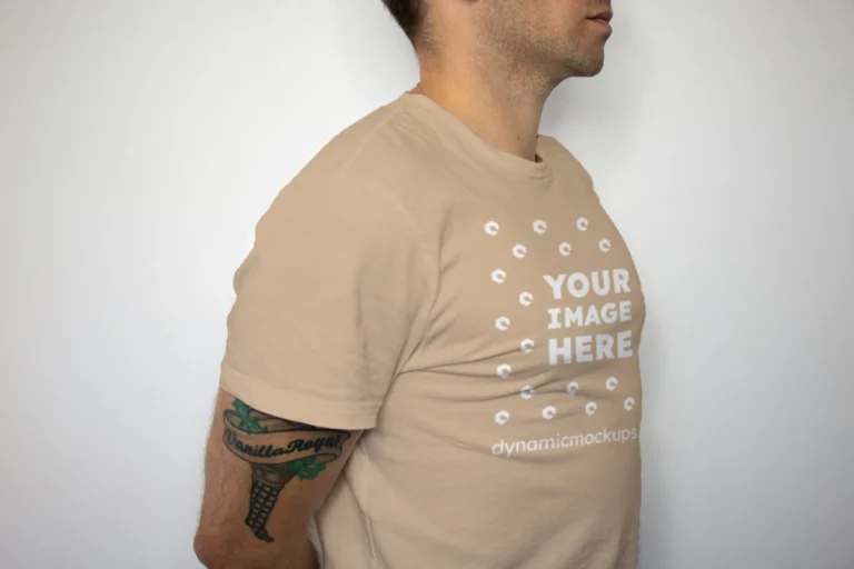 Man Wearing Beige T-shirt Mockup Front View Template