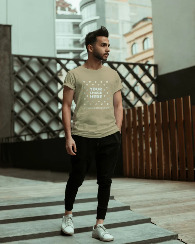 Man Wearing Beige T-shirt Mockup Front View Template