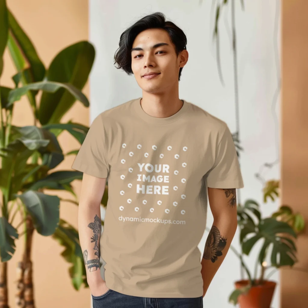 Man Wearing Beige T-shirt Mockup Front View Template