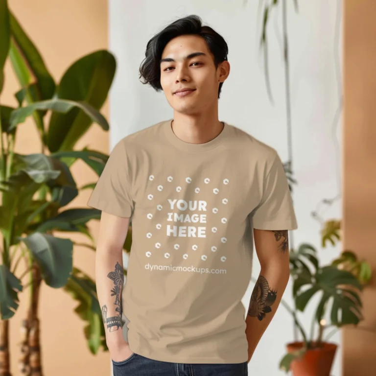 Man Wearing Beige T-shirt Mockup Front View Template