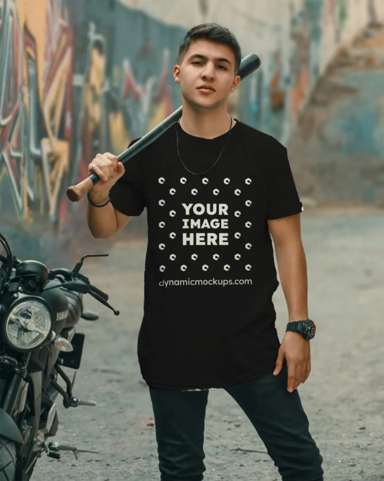 Man Wearing Black T-shirt Mockup Front View Template