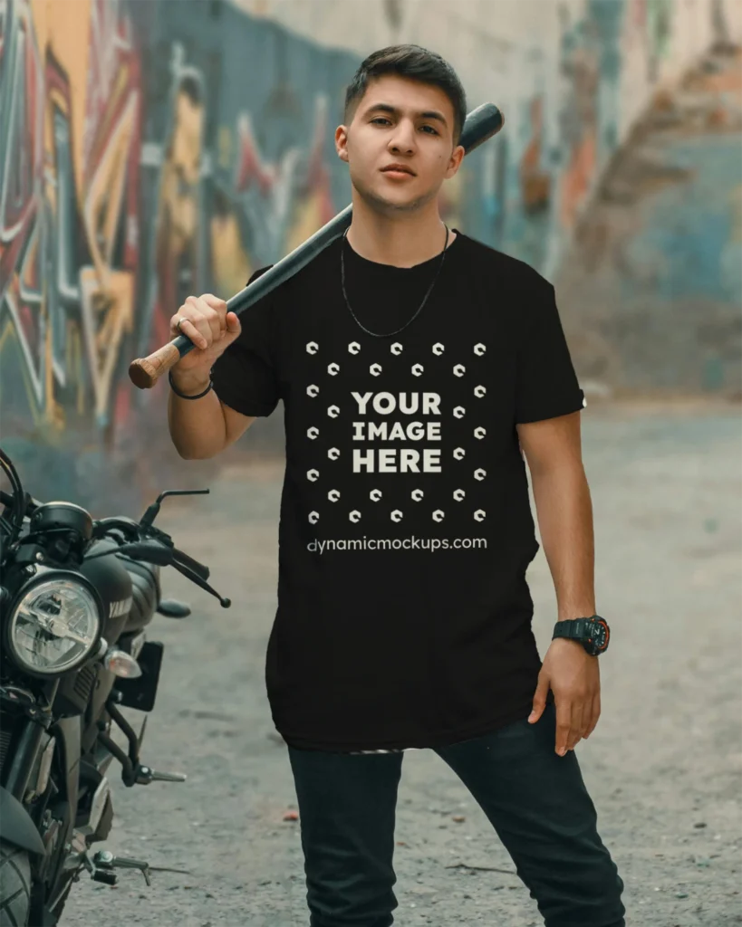 Man Wearing Black T-shirt Mockup Front View Template