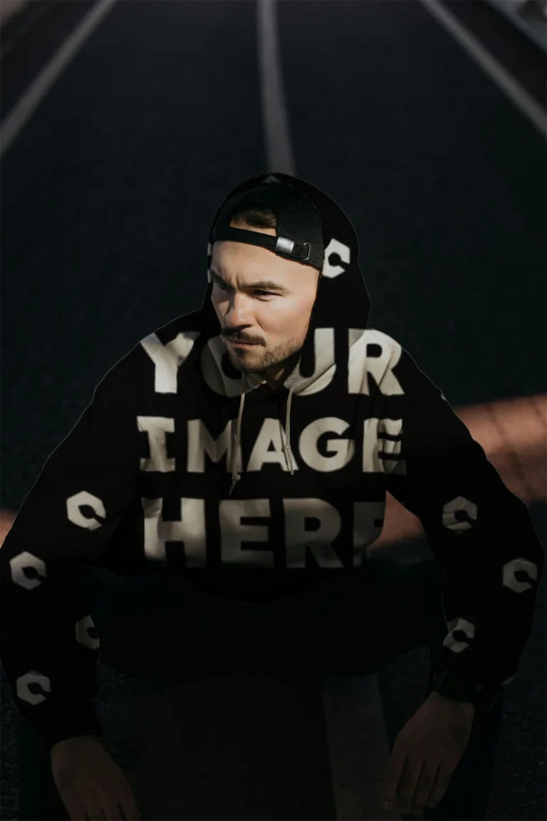 Man Wearing Black Hoodie Mockup Front View Template