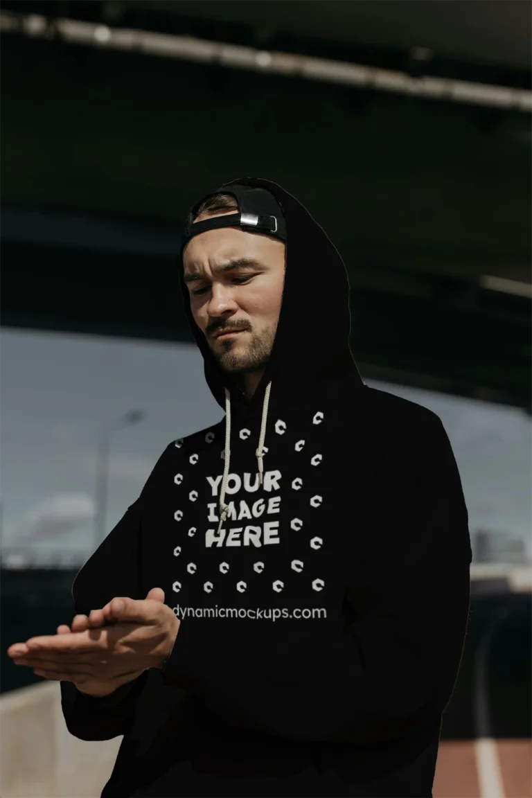 Man Wearing Black Hoodie Mockup Front View Template