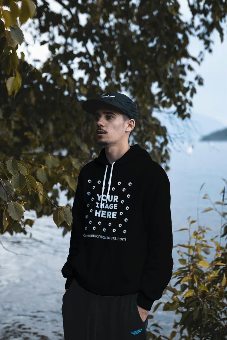 Man Wearing Black Hoodie Mockup Front View Template