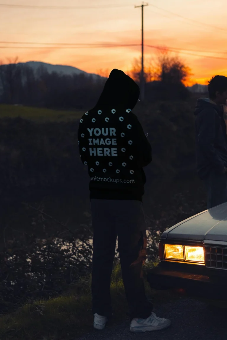 Man Wearing Black Hoodie Mockup Back View Template