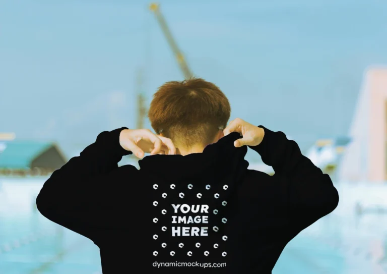 Man Wearing Black Hoodie Mockup Back View Template