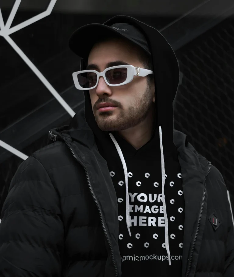 Man Wearing Black Hoodie Mockup Front View Template