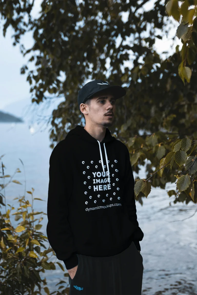 Man Wearing Black Hoodie Mockup Front View Template