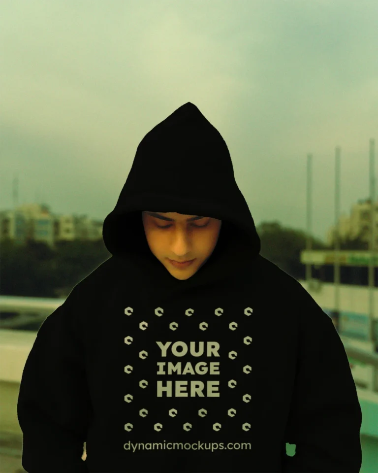 Man Wearing Black Hoodie Mockup Front View Template