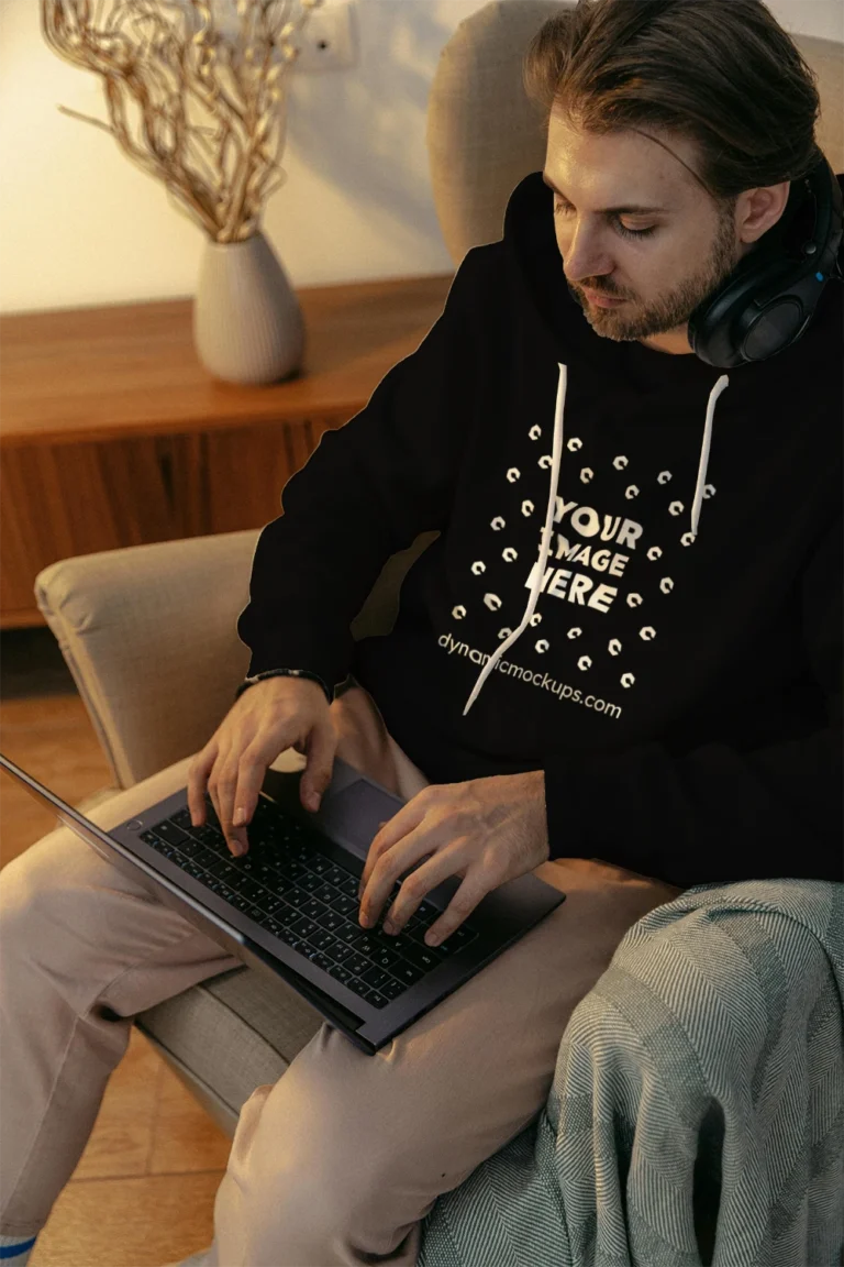 Man Wearing Black Hoodie Mockup Front View Template