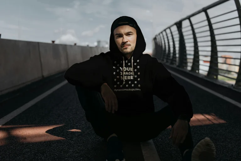 Man Wearing Black Hoodie Mockup Front View Template