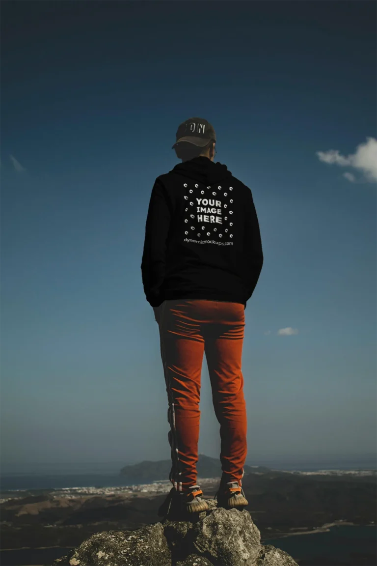 Man Wearing Black Hoodie Mockup Back View Template