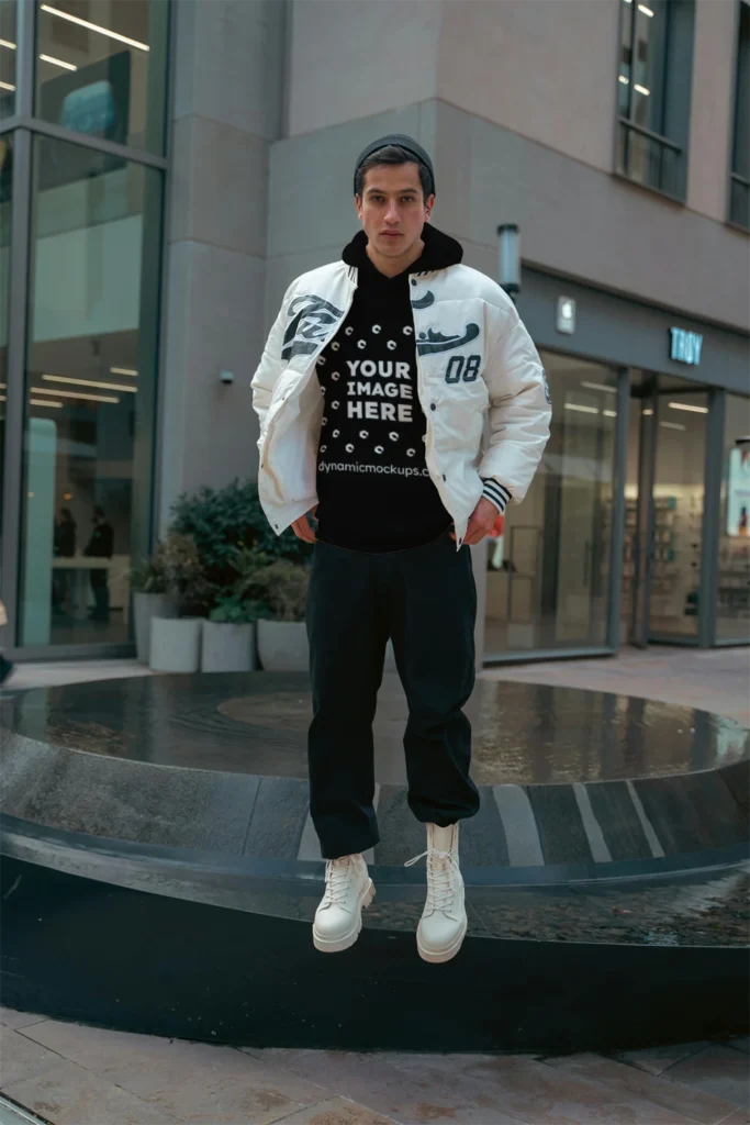 Man Wearing Black Hoodie Mockup Front View Template