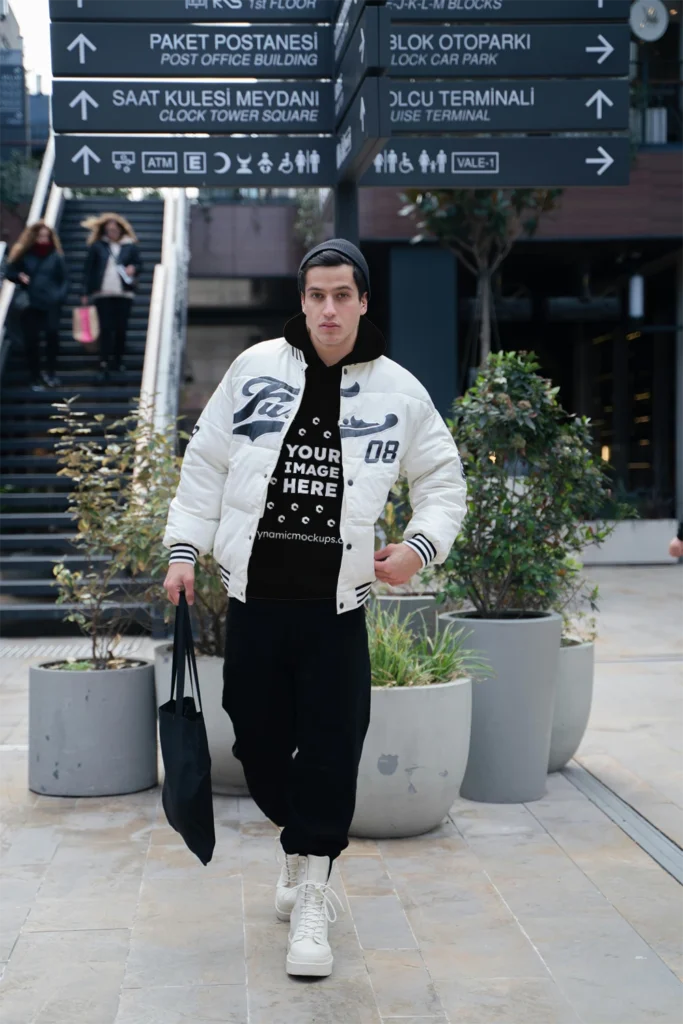 Man Wearing Black Hoodie Mockup Front View Template