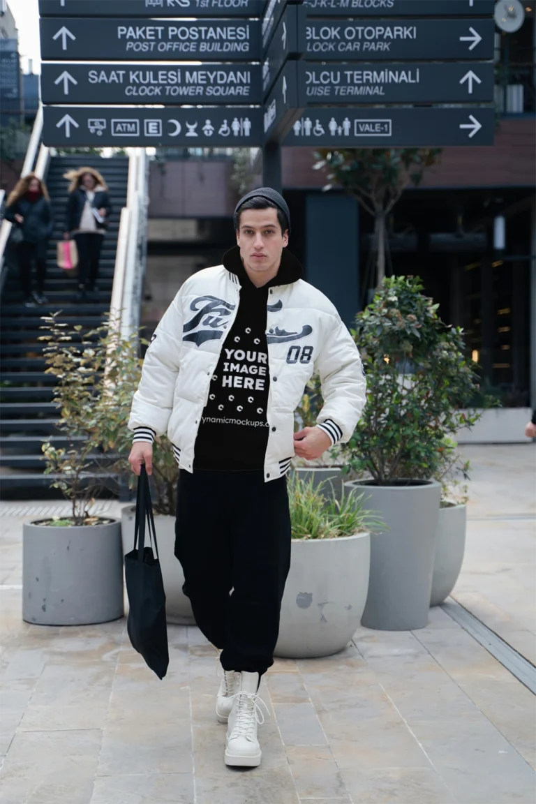 Man Wearing Black Hoodie Mockup Front View Template