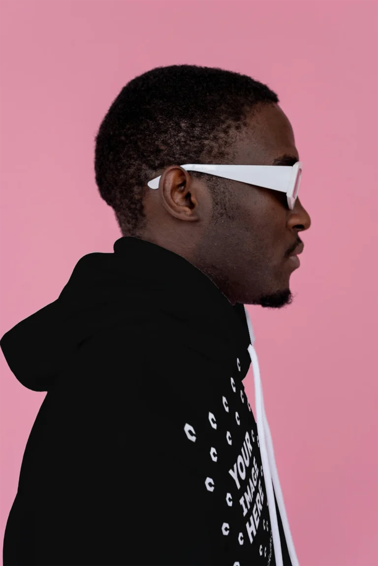 Man Wearing Black Hoodie Mockup Side View Template